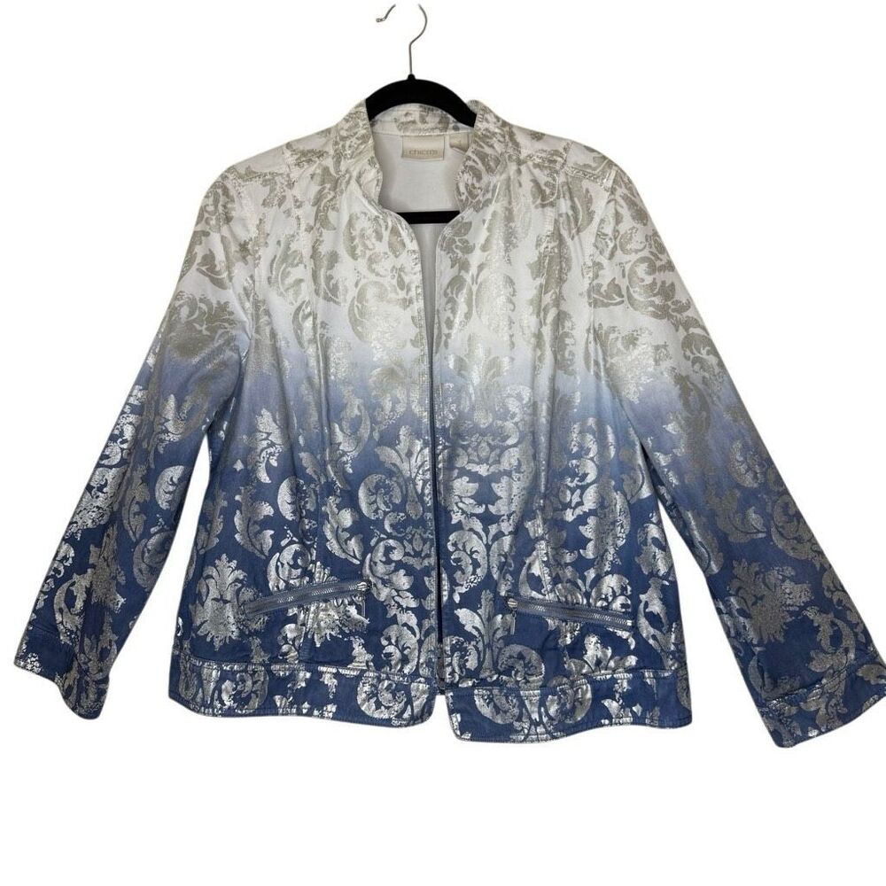 Chico's Blue and Silver Ombre Brocade Jean Jacket